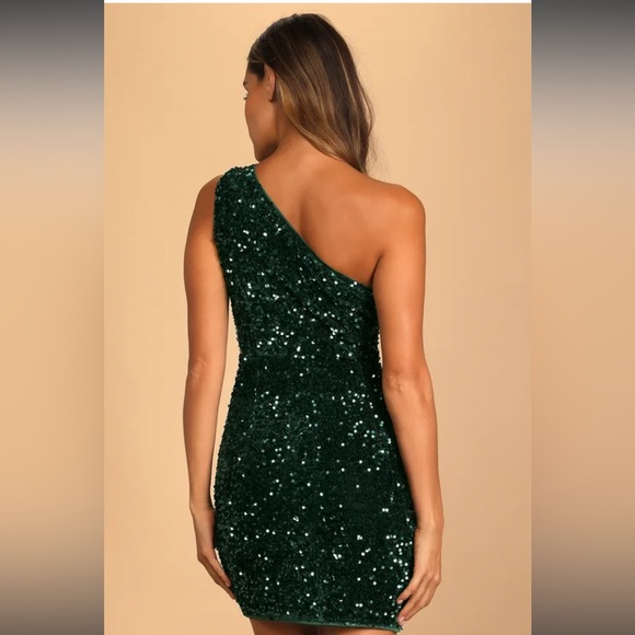 Lulus Endless Luxe Dark Green Sequin Velvet One-Shoulder Mini Dress NWT - Picture 3 of 4